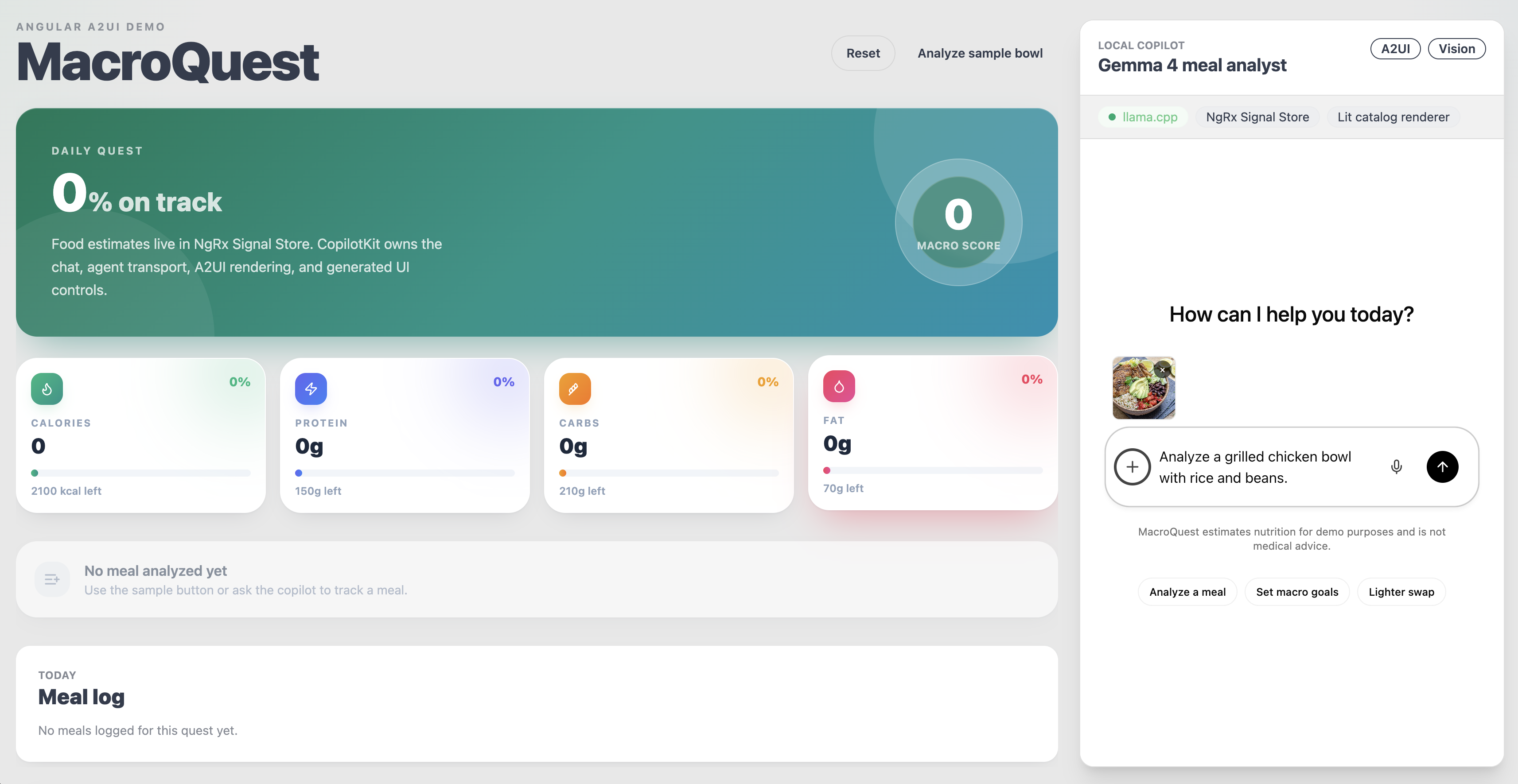 MacroQuest app shell: macro dashboard at 0% with the CopilotKit chat panel and a pre-filled prompt