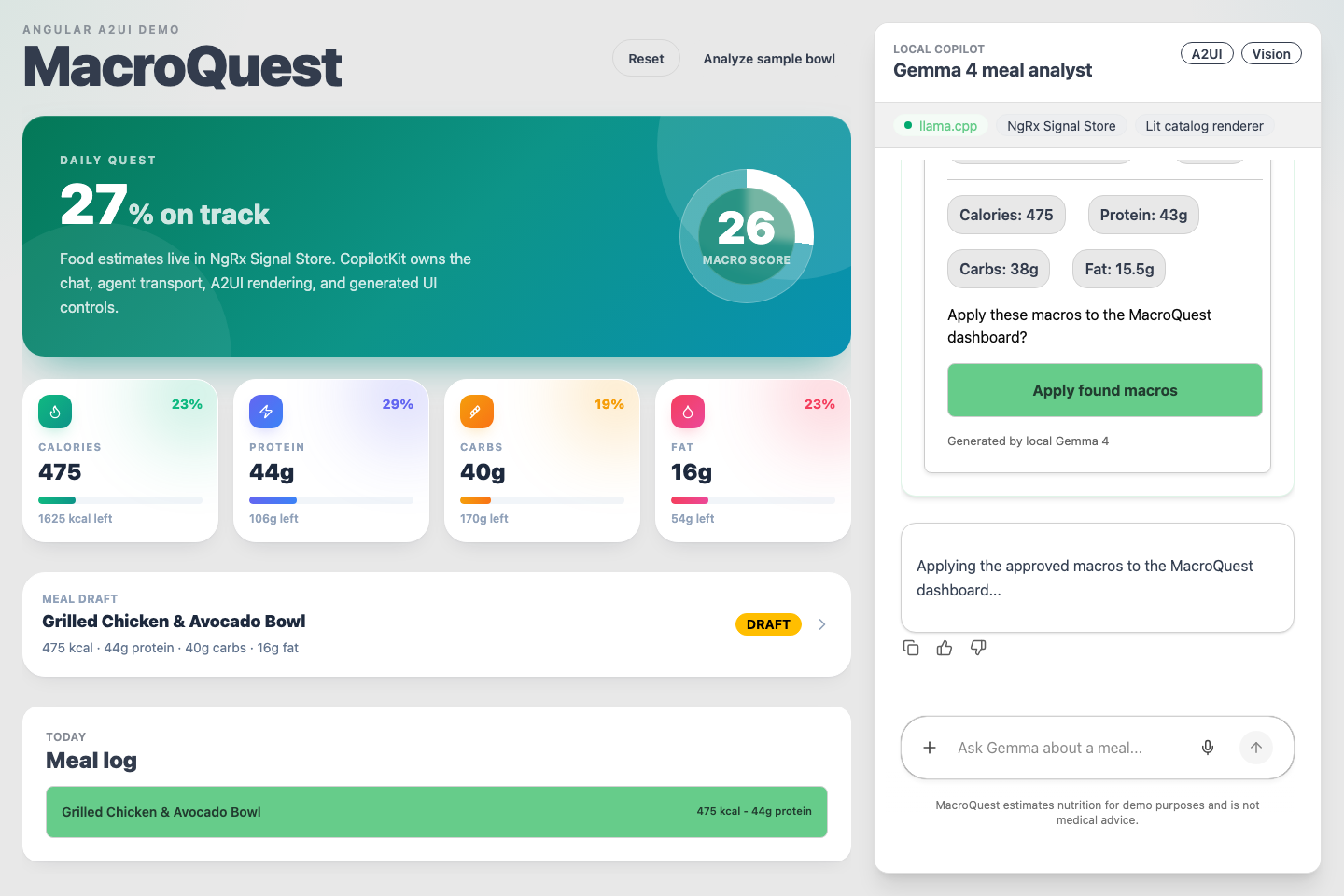 MacroQuest after clicking Apply: the dashboard shows 27% on track with 475 kcal / 44g protein logged, the meal appears in the Meal log, and the chat confirms