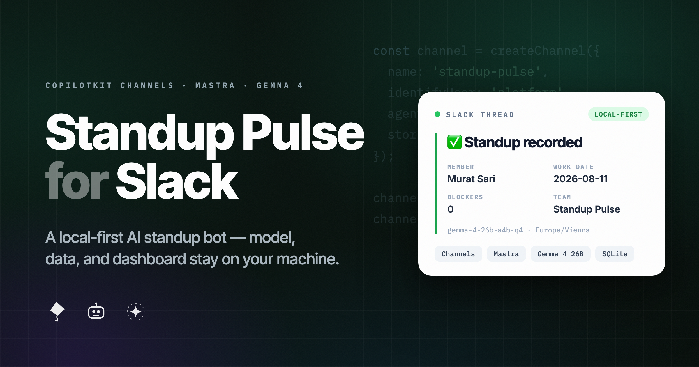 soverius.ai — Standup Pulse runs async standups in Slack using CopilotKit Channels, Mastra, and a…