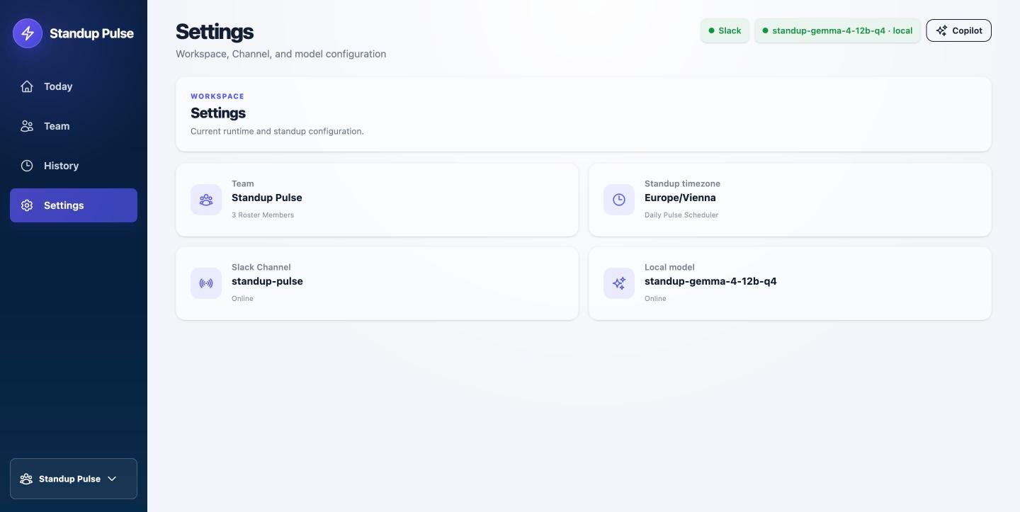 The Standup Pulse settings page showing the configured team, timezone, Slack Channel and local model health