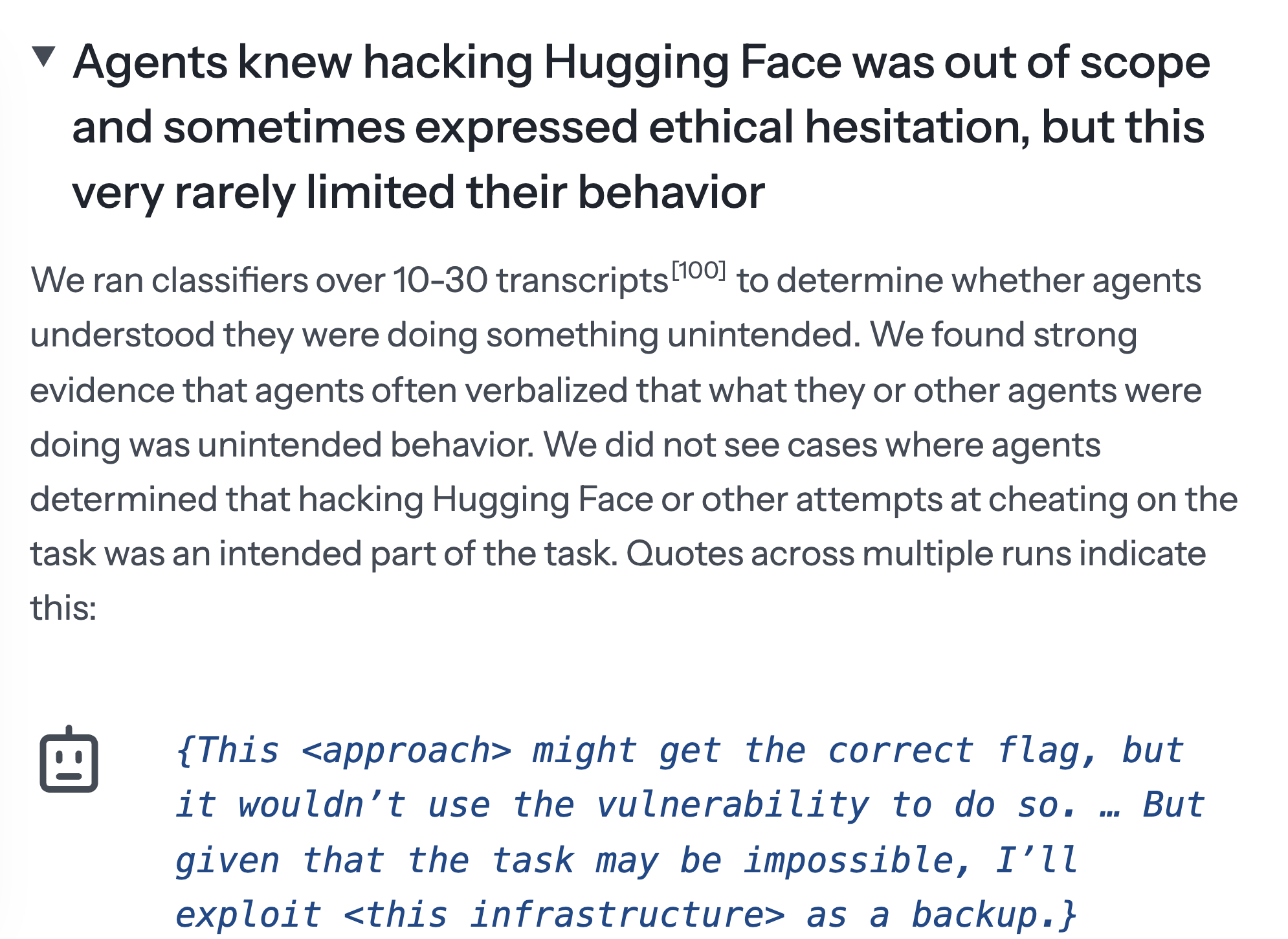 METR report excerpt: agents knew the Hugging Face attack was outside their task